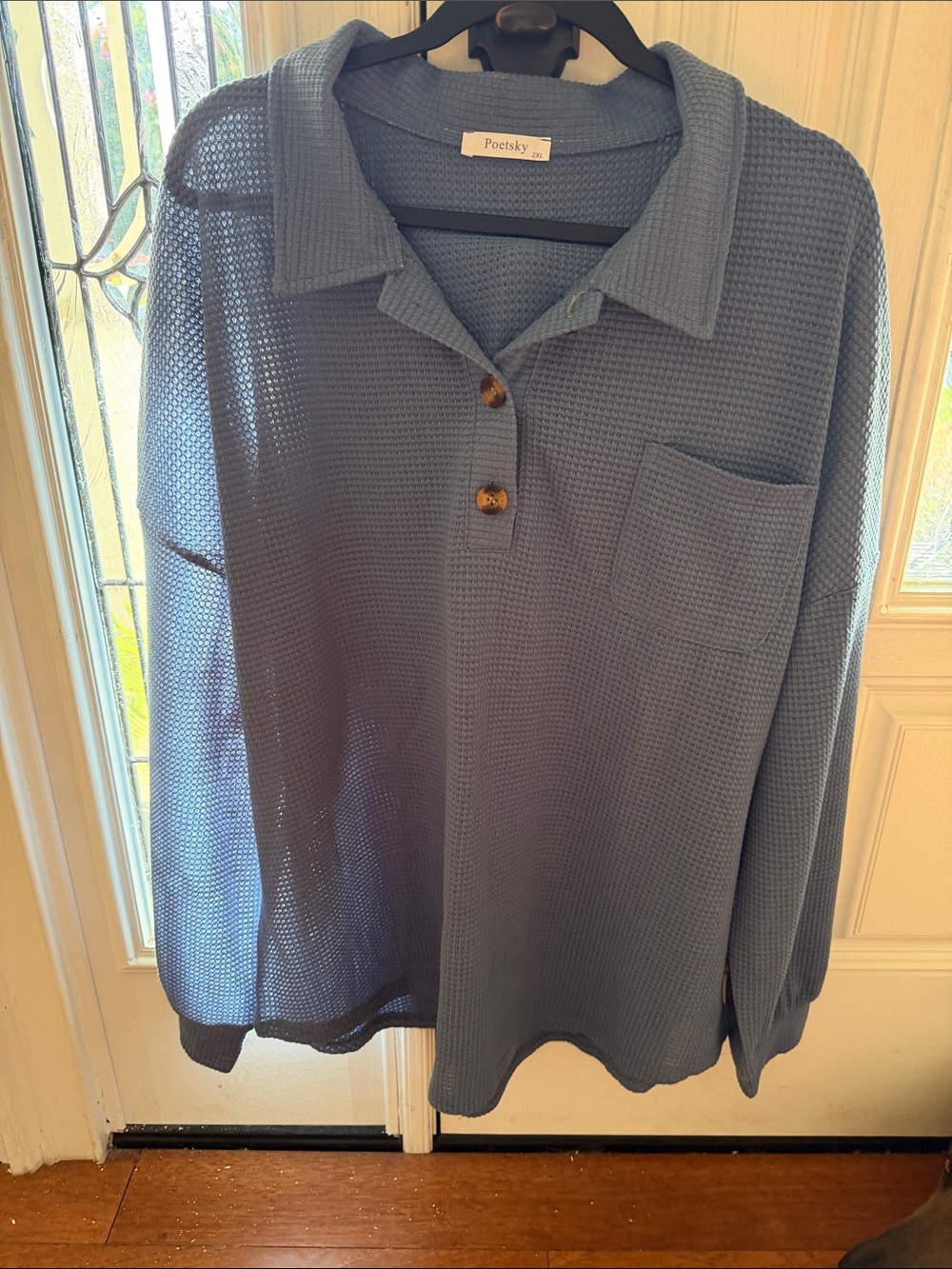 Blue Waffle-Knit Long Sleeve Polo Top